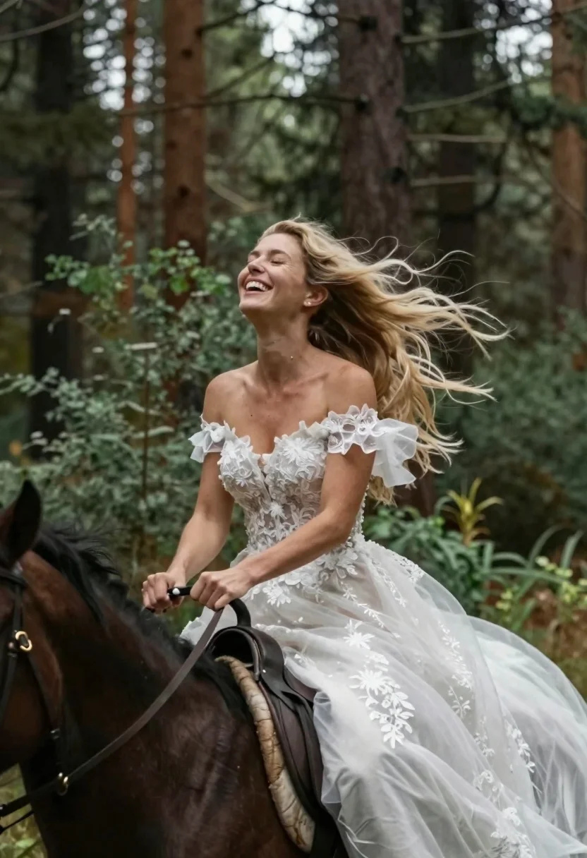 Joyful bride riding horse through a lush forest