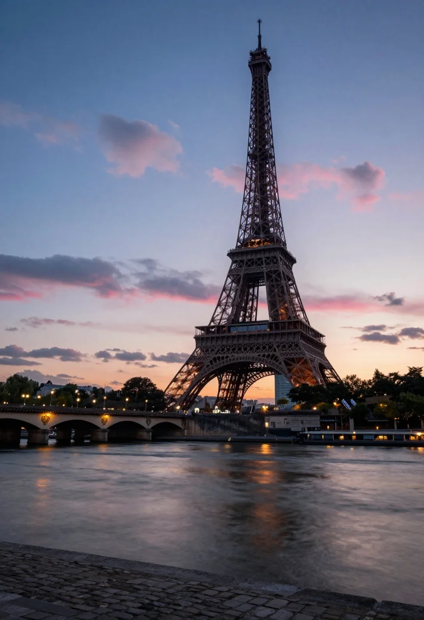 Eiffel tower silhouette against twilight sky over the seine river - AI generated image prompt sample