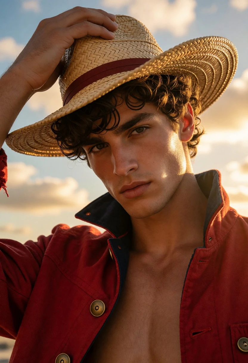 Handsome young man in red jacket holding hat against bright sunset sky - AI generated image prompt sample