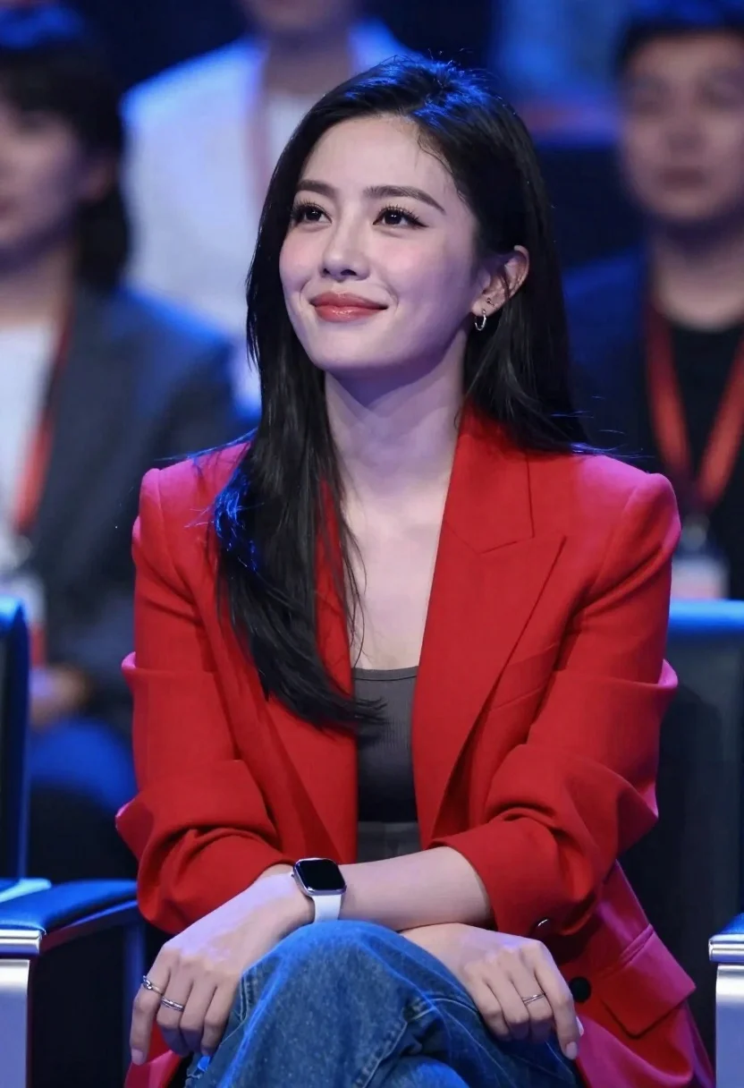 Woman with dark hair wearing red blazer sitting indoors at event