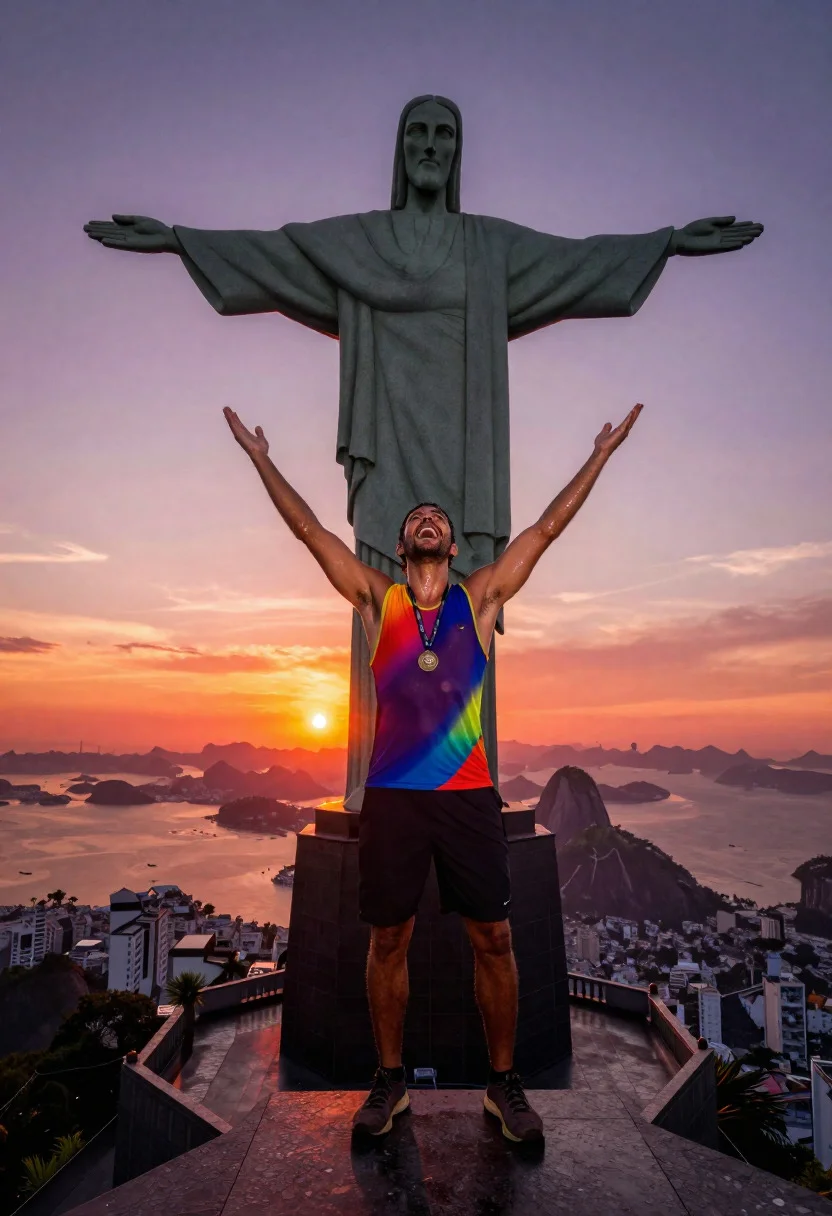 Triumphant man summiting christ the redeemer statue at sunset