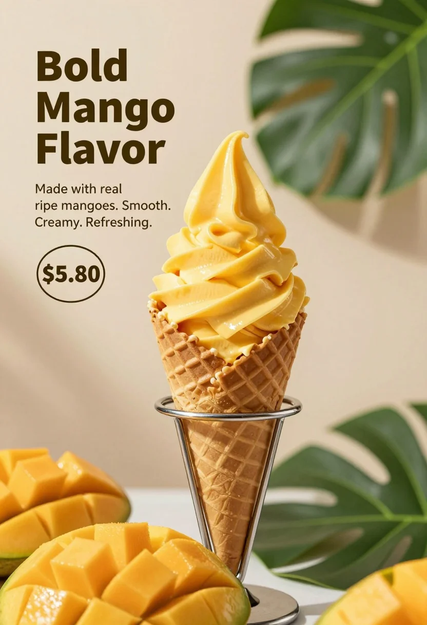 Close up advertisement of yellow soft serve ice cream in waffle cone - AI generated image prompt sample