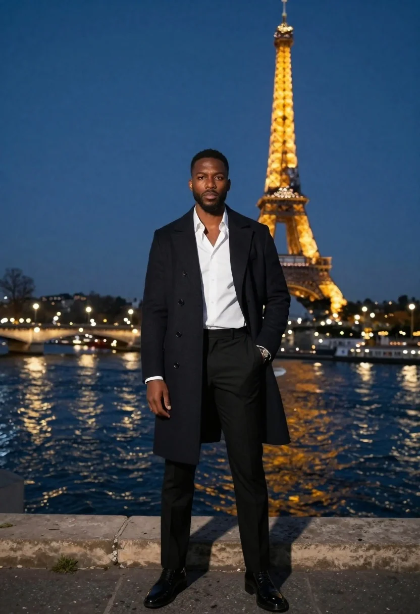 Stylish black man in overcoat against paris night skyline - AI generated image prompt sample