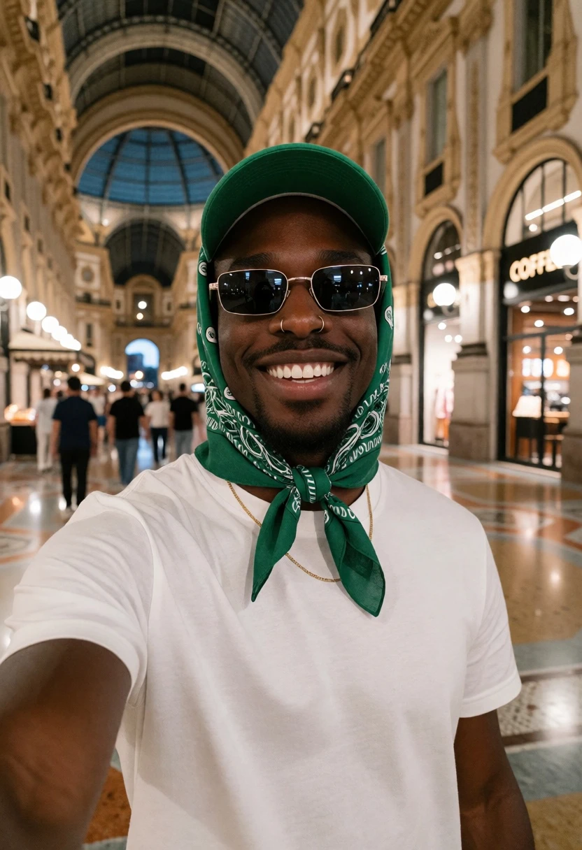 Black man taking a selfie in an elegant indoor arcade setting - AI generated image prompt sample