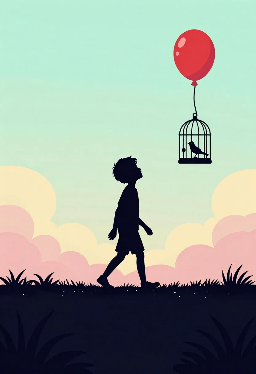 Silhouette of boy with balloon near pastel sky