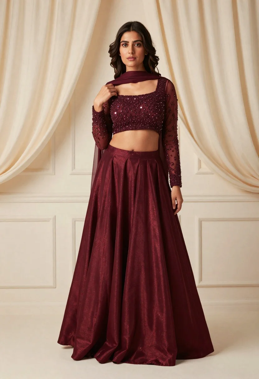Young woman in maroon lehenga choli standing in an elegant studio setting