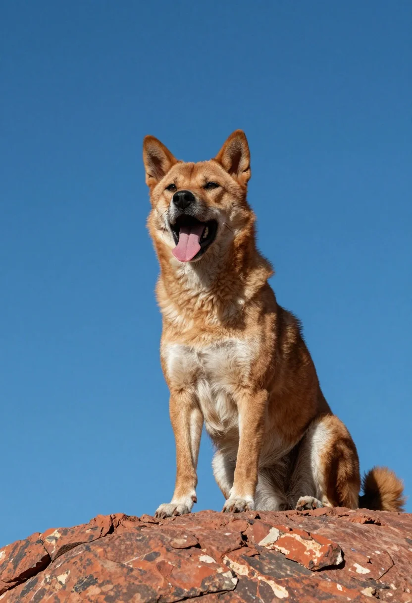 Reddish brown dingo sitting on rugged rock formation against blue sky - AI generated image prompt sample