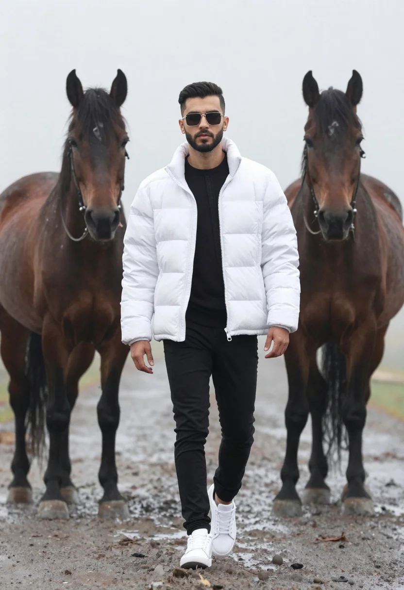 Man walking with dark horses in misty fog