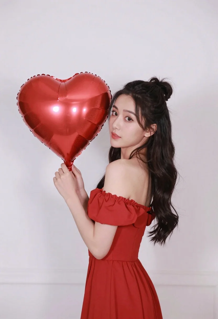 Woman in red dress holding heart shaped balloon against white wall - AI generated image prompt sample