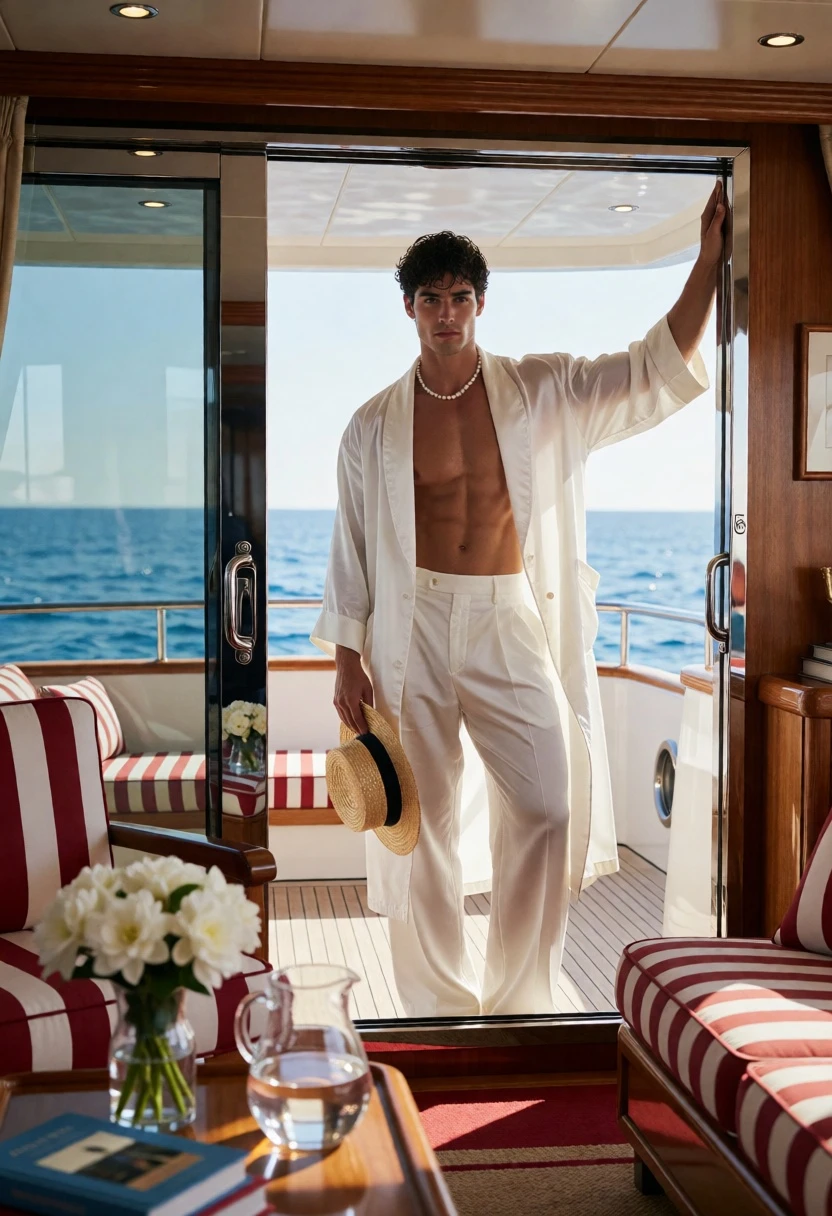 Man in white robe opening yacht door to bright blue ocean view - AI generated image prompt sample