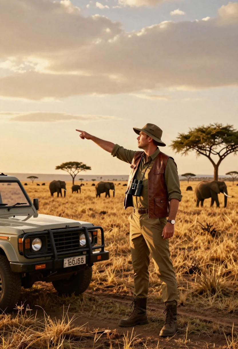 Safari guide pointing at elephants on the vast serengeti plains