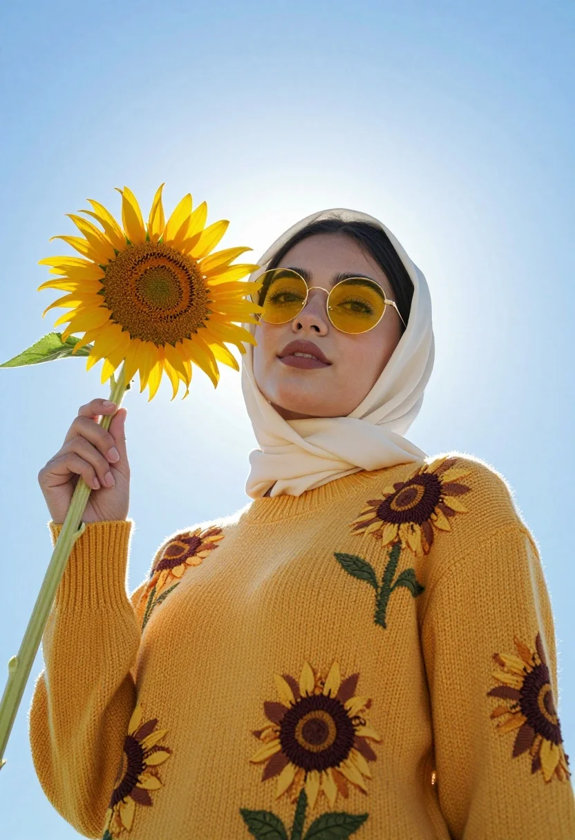 Low angle portrait of woman holding sunflower against clear blue sky - AI generated image prompt sample