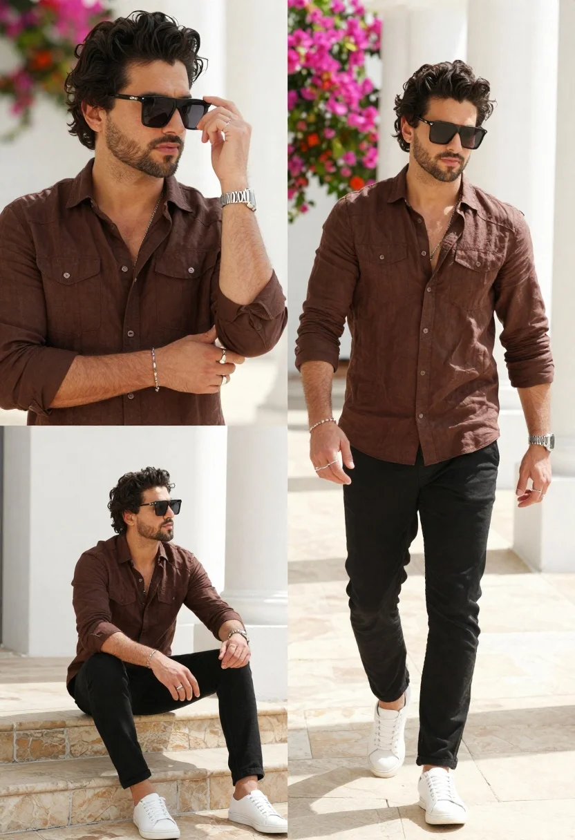 Stylish collage of handsome man in linen shirt and sunglasses outdoors - AI generated image prompt sample