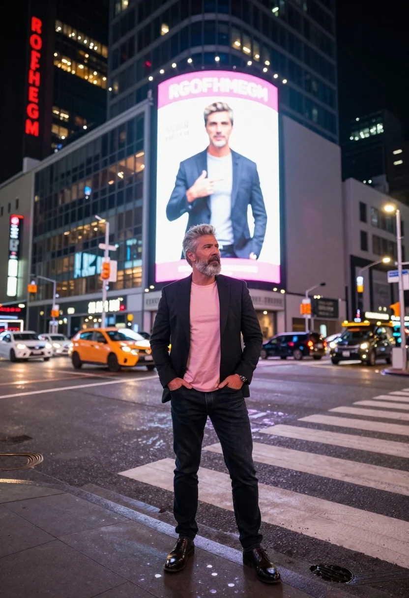 Man in blazer on crosswalk at neon lit city intersection