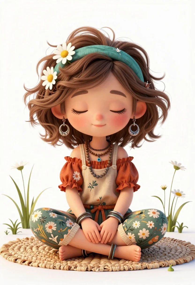 Chibi girl sitting on a rug with daisies
