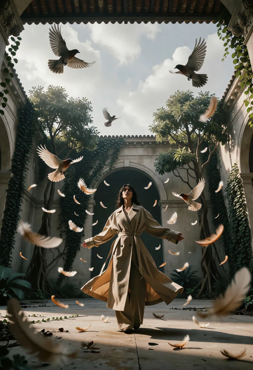 Woman in beige coat embracing swirling birds within surreal architectural courtyard - AI generated image prompt sample
