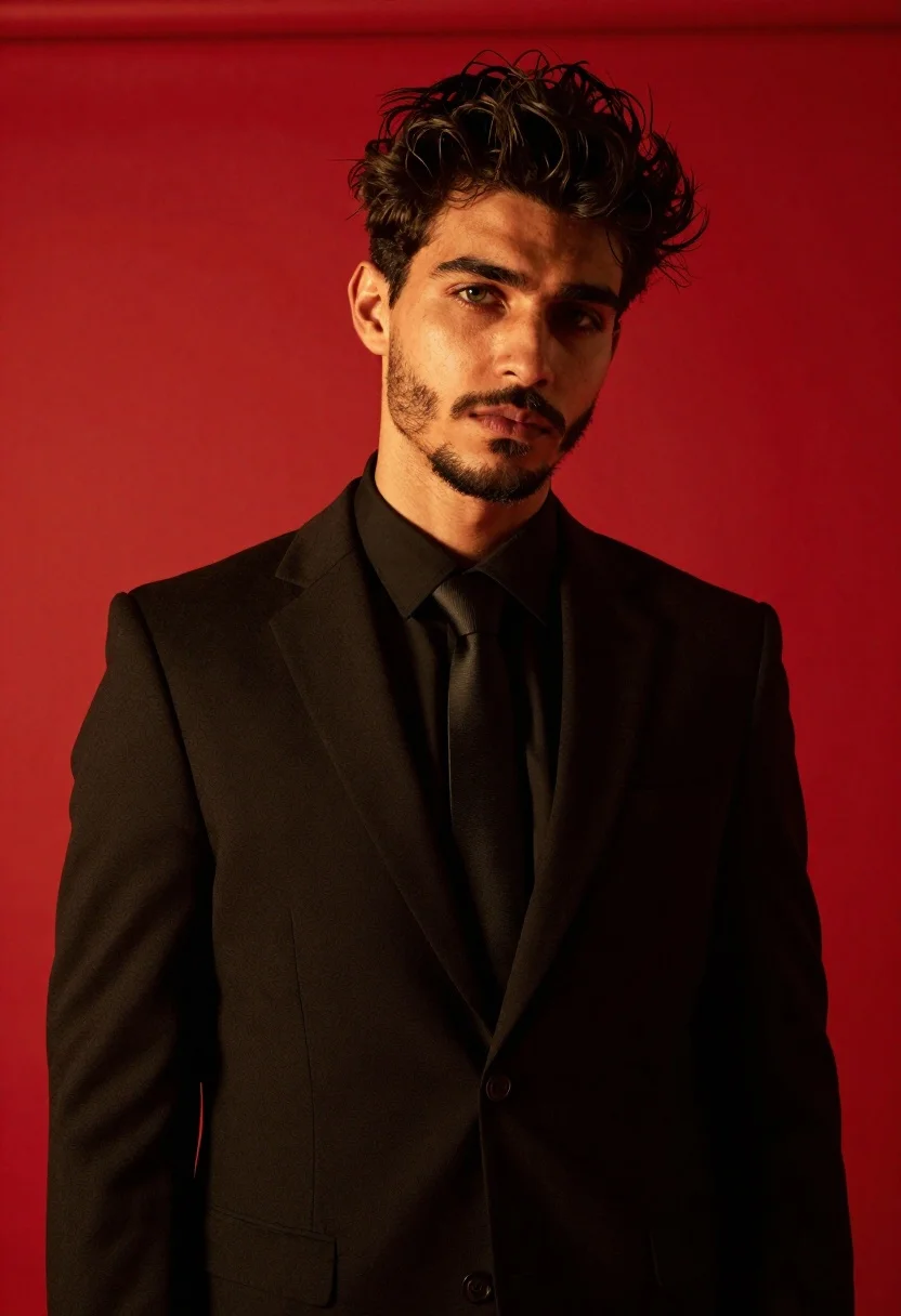 Young man in black suit tie with serious expression against red background - AI generated image prompt sample