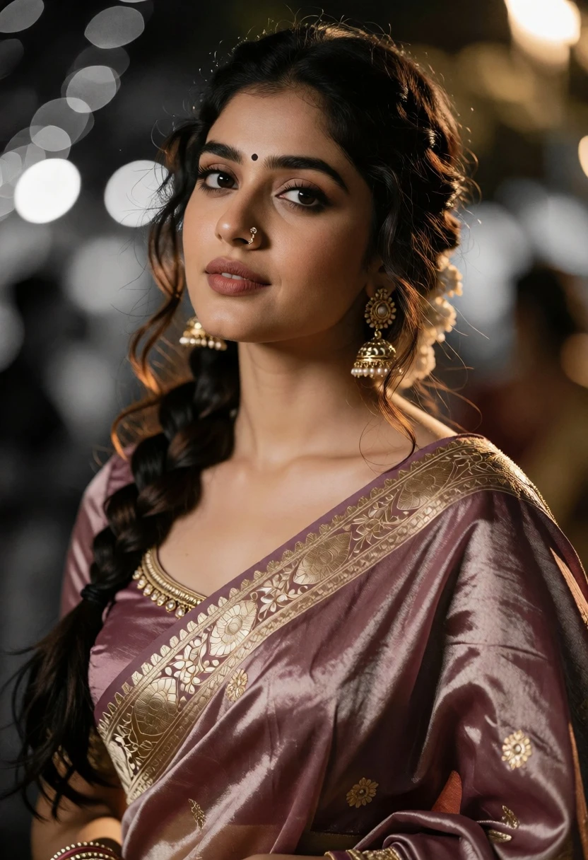 Collage portrait of young woman in mauve saree with gold embroidery - AI generated image prompt sample
