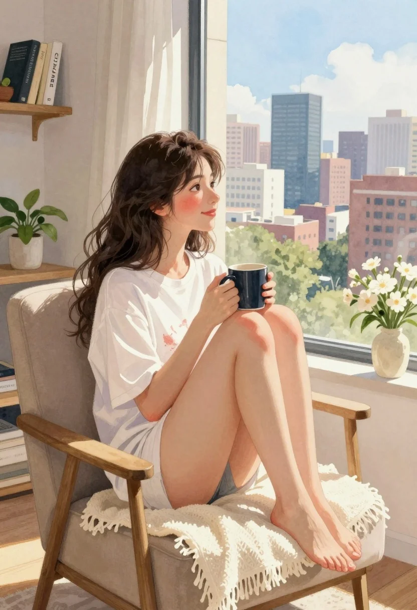 Young woman in white tshirt sitting by window overlooking city skyline - AI generated image prompt sample