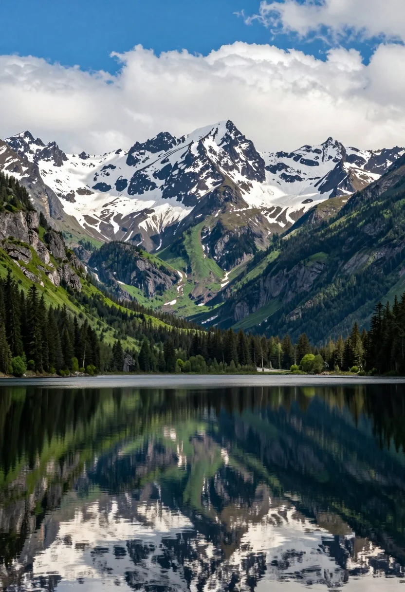 Hyperrealistic wide view of snow capped mountains reflecting in a calm lake - AI generated image prompt sample