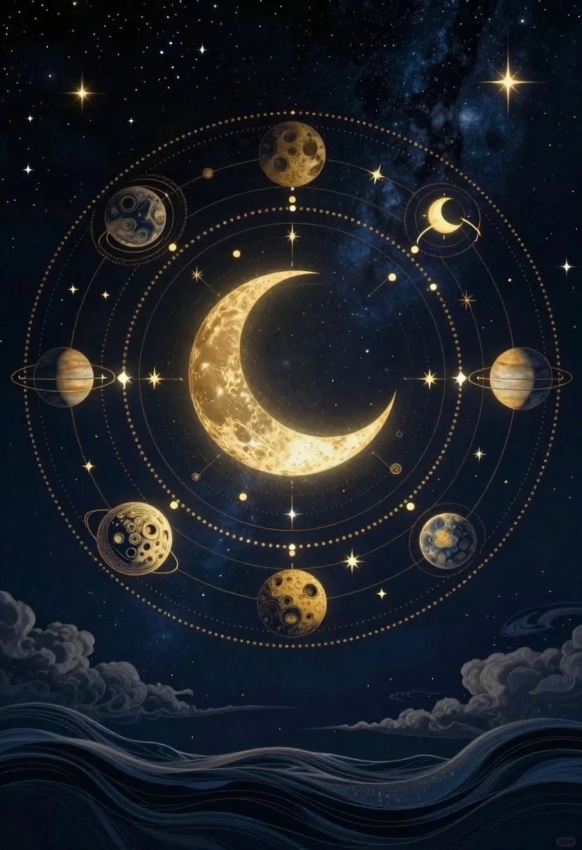 Celestial mandala with moon and planets in deep blue