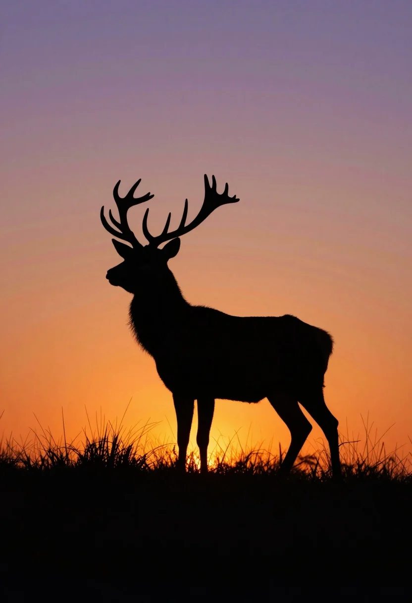 Majestic stag silhouette standing in tall grass against vibrant sunset sky - AI generated image prompt sample