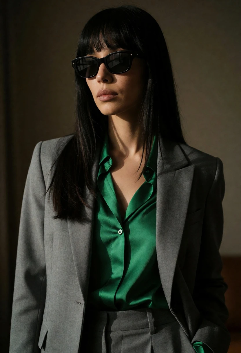 Medium close up portrait of woman in blazer and emerald silk blouse - AI generated image prompt sample