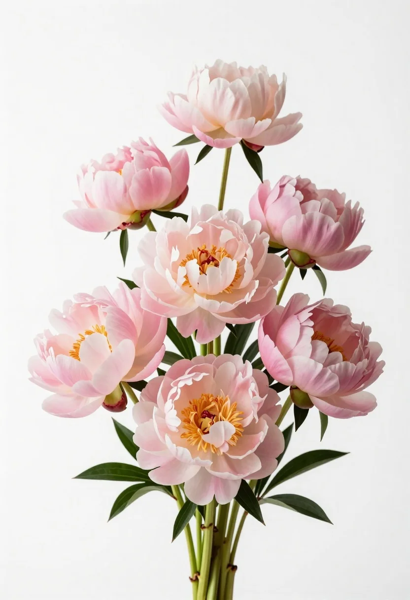 Vertical bouquet of peonies on a white background