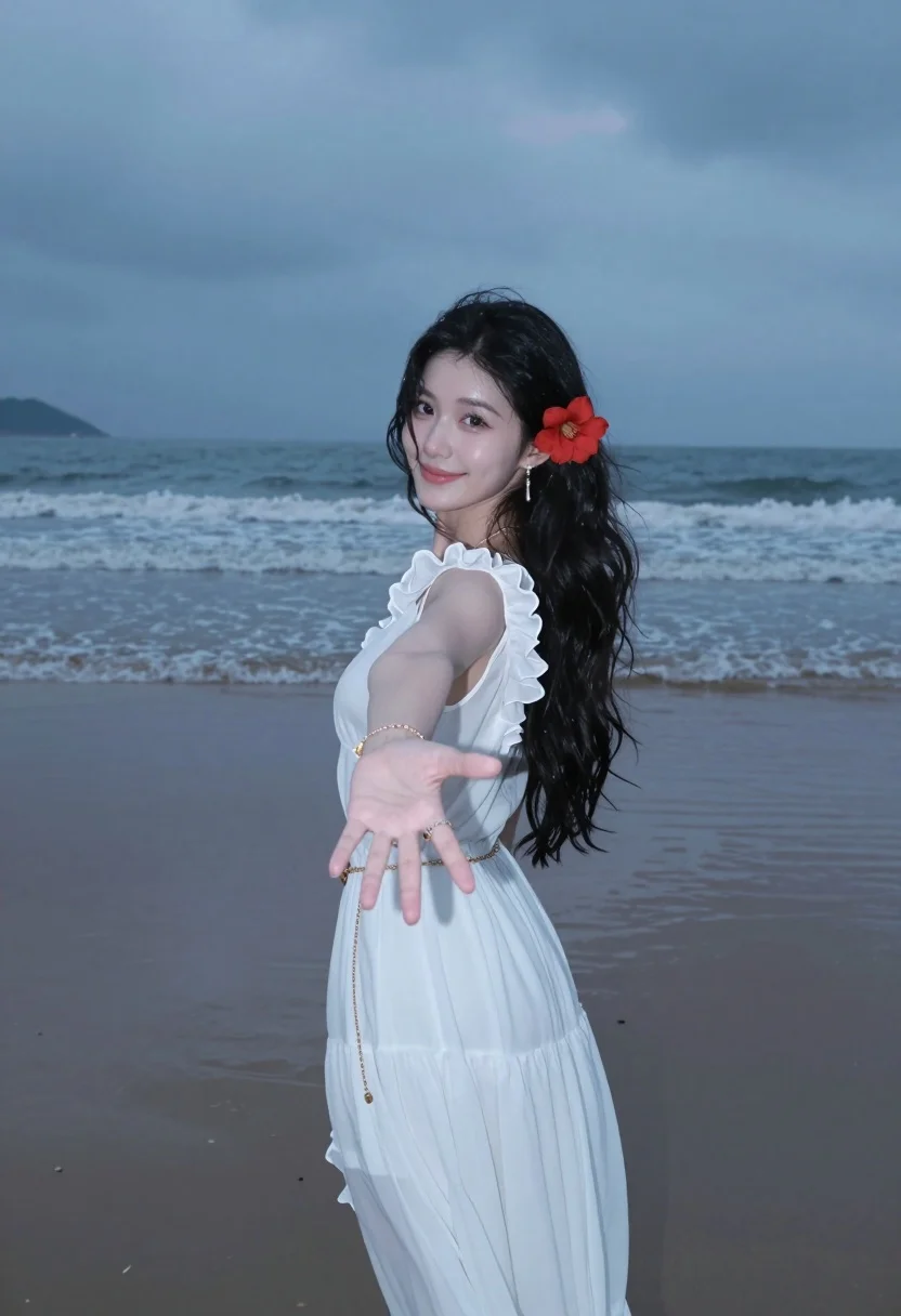 Young woman in flowing white dress on wet beach at dusk - AI generated image prompt sample