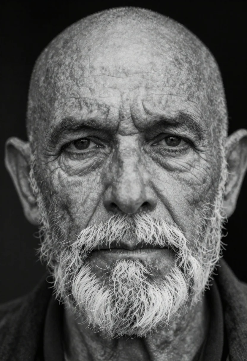 Monochrome portrait of weathered elderly man with white beard - AI generated image prompt sample