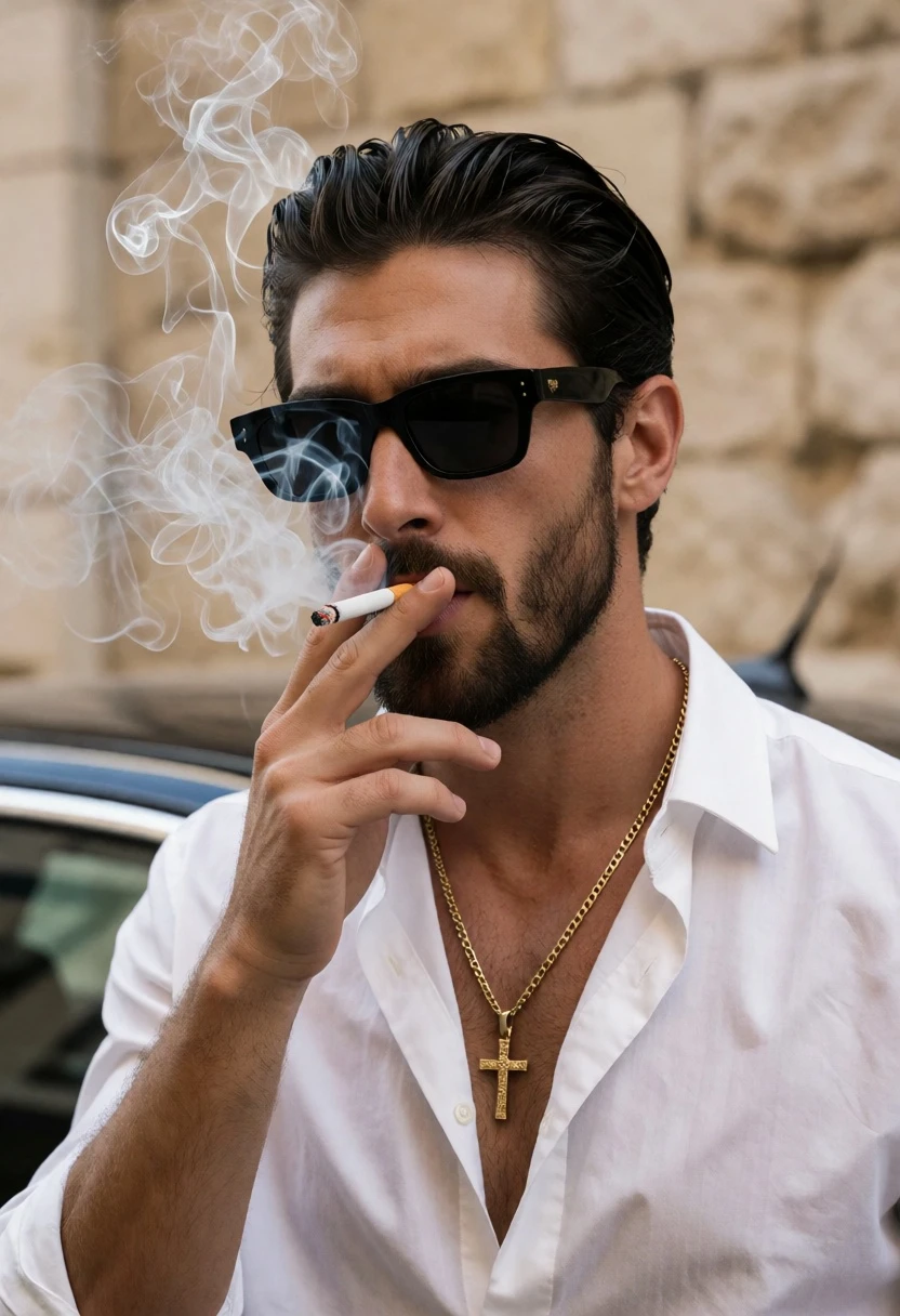 Handsome man smoking cigarette outdoors against beige stone wall backdrop - AI generated image prompt sample