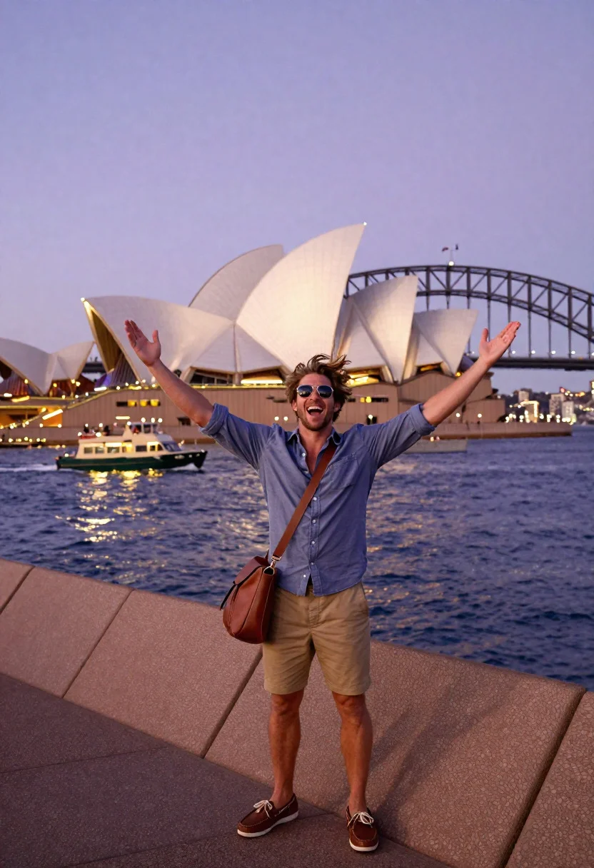 Exhilarated tourist man taking selfie near sydney opera house and bridge