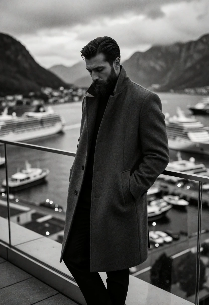 Bearded man in wool overcoat overlooking harbor bay and mountains - AI generated image prompt sample