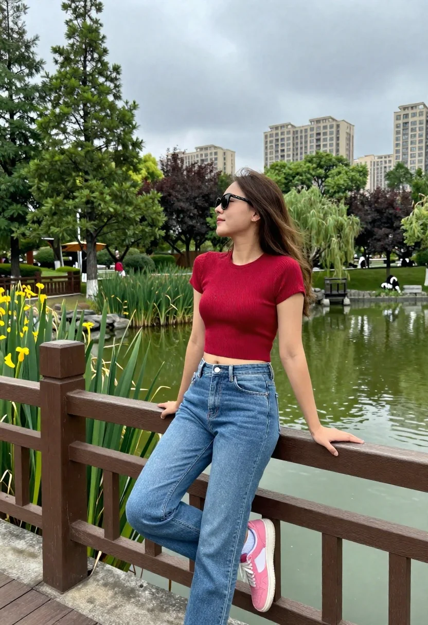 Young woman leaning on bridge railing overlooking green pond in park