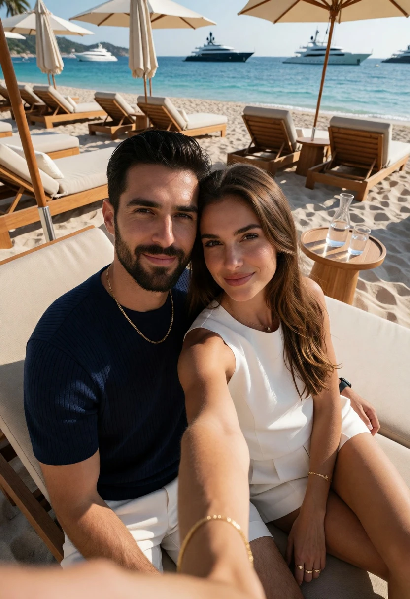 Couple taking a selfie on luxurious beach lounge chair overlooking ocean yachts - AI generated image prompt sample