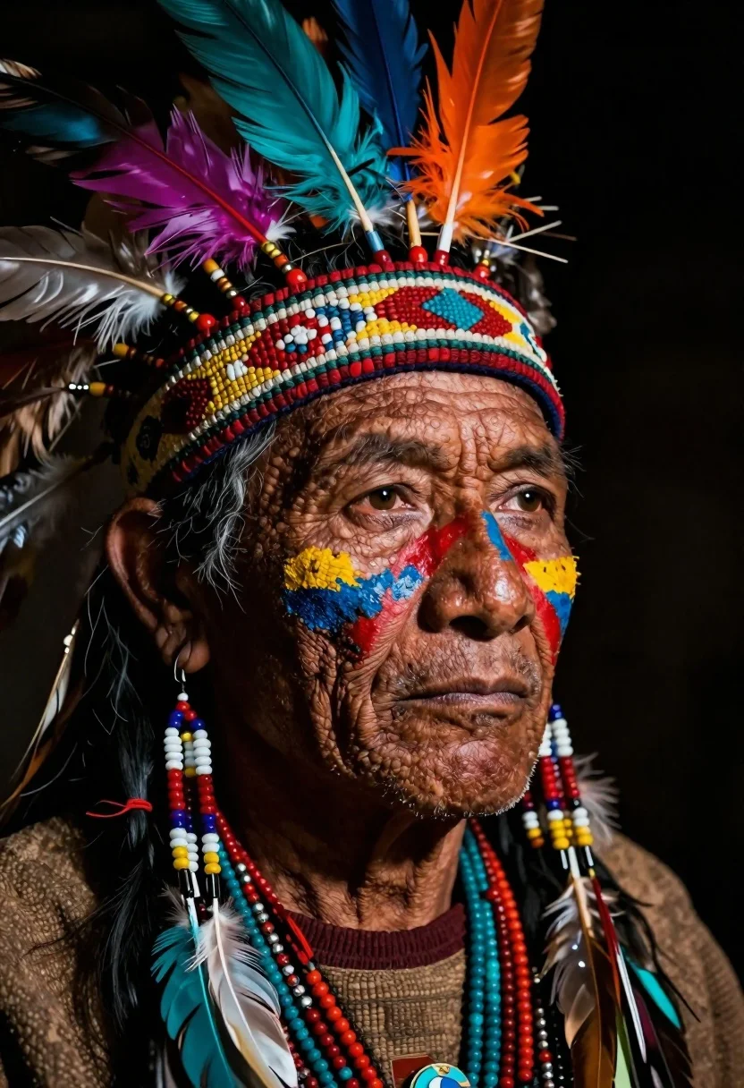 Portrait of elderly indigenous man with ceremonial paint