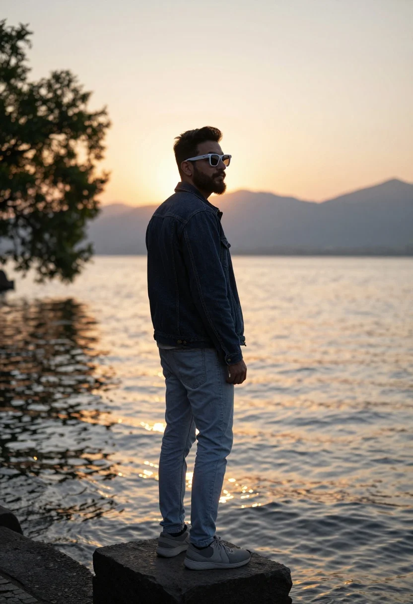 Man in denim jacket standing on stone block overlooking sunset mountains - AI generated image prompt sample