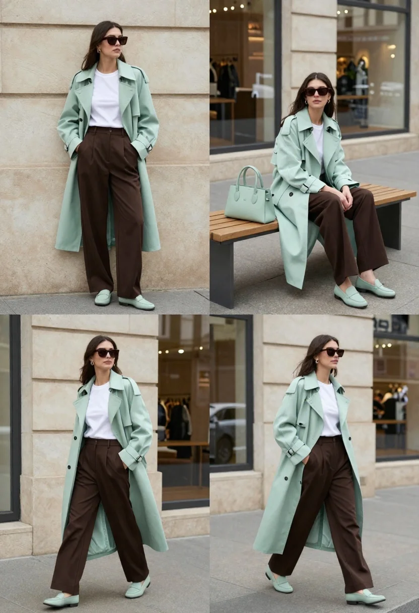 Woman modeling mint coat and brown trousers in city