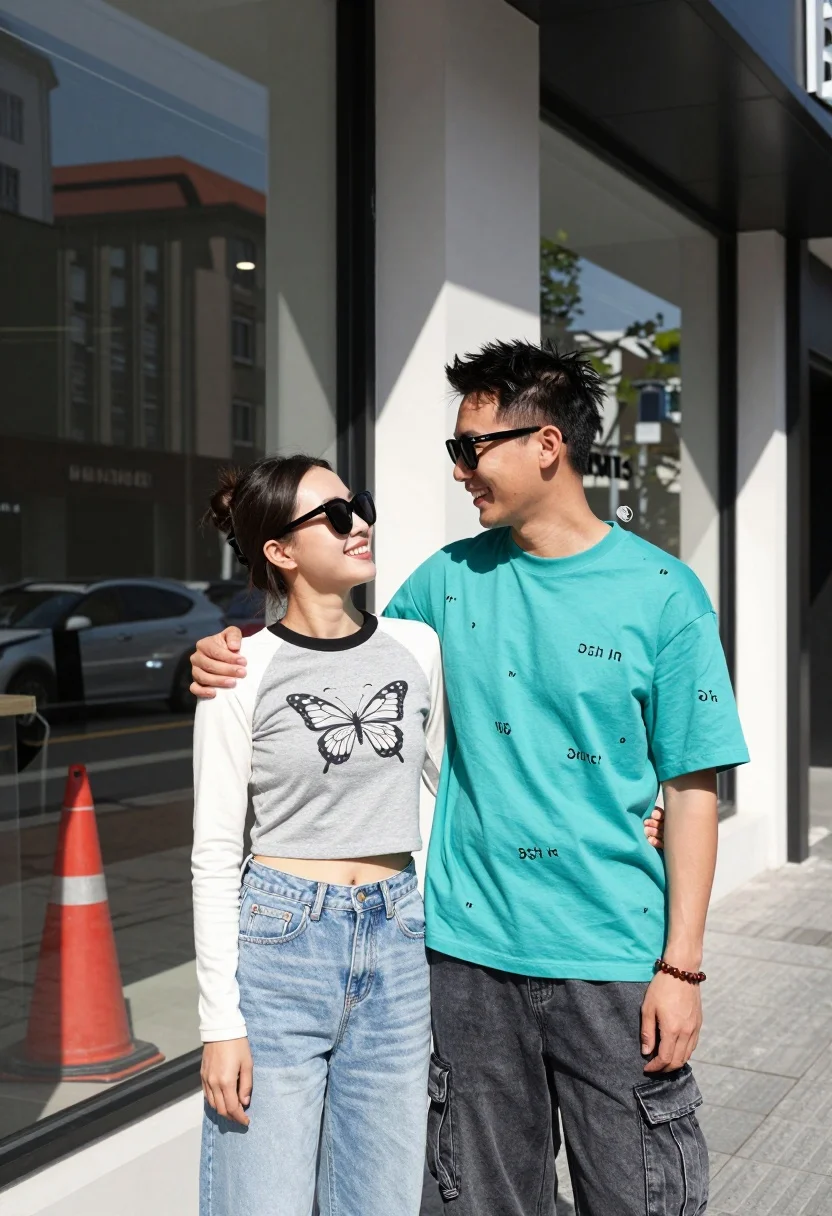 Smiling couple embracing by modern storefront on sunny day - AI generated image prompt sample