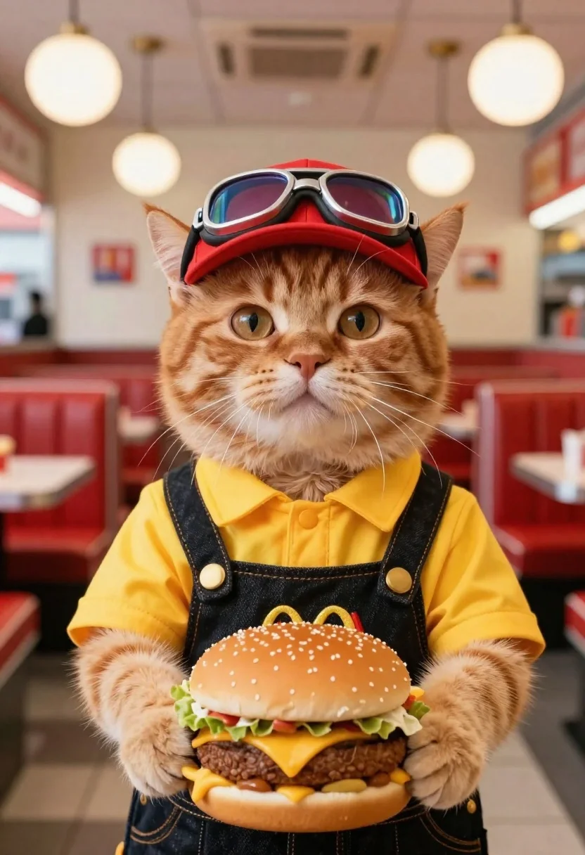 Ginger cat dressed as fast food worker holding cheeseburger
