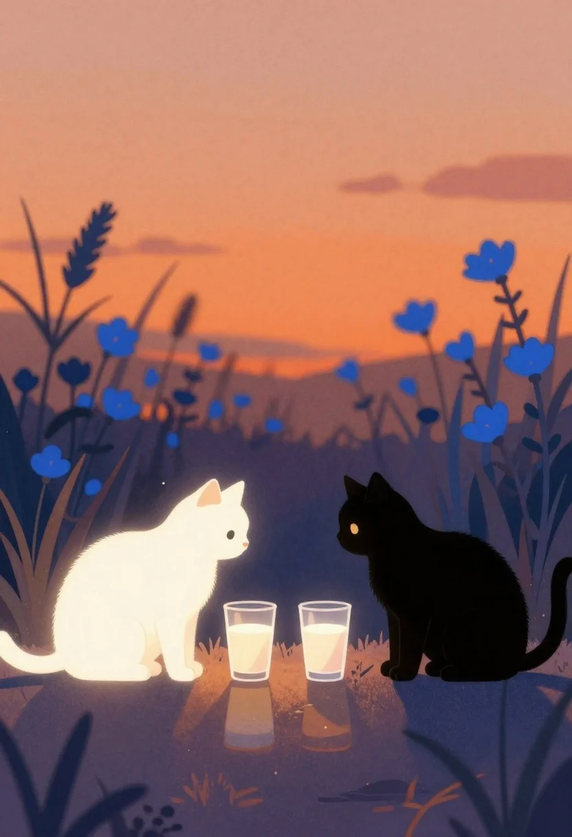 Two cats facing across reflective surface at dusk - AI generated image prompt sample