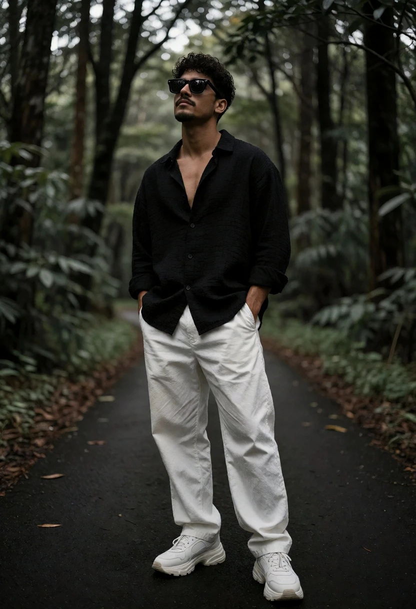 Man in black shirt on forest path looking up with sunglasses - AI generated image prompt sample