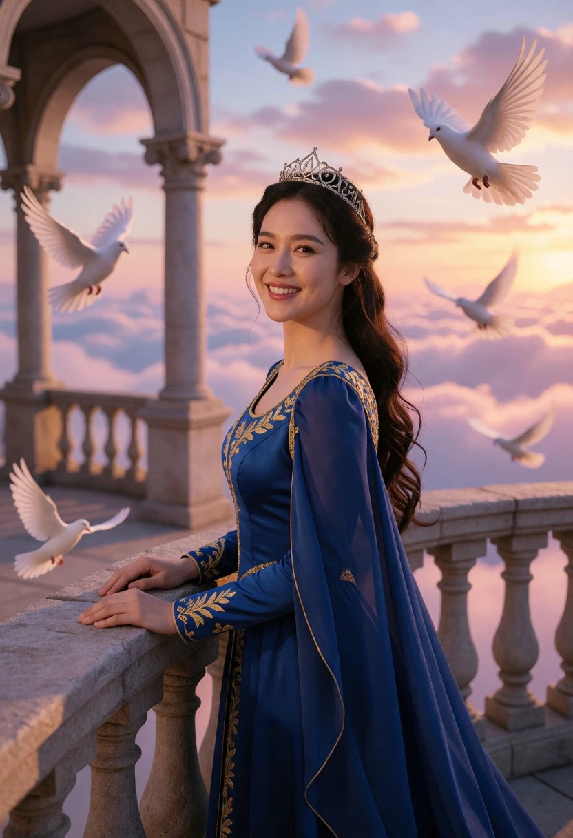 Woman on stone balcony overlooking sea of clouds at sunset - AI generated image prompt sample