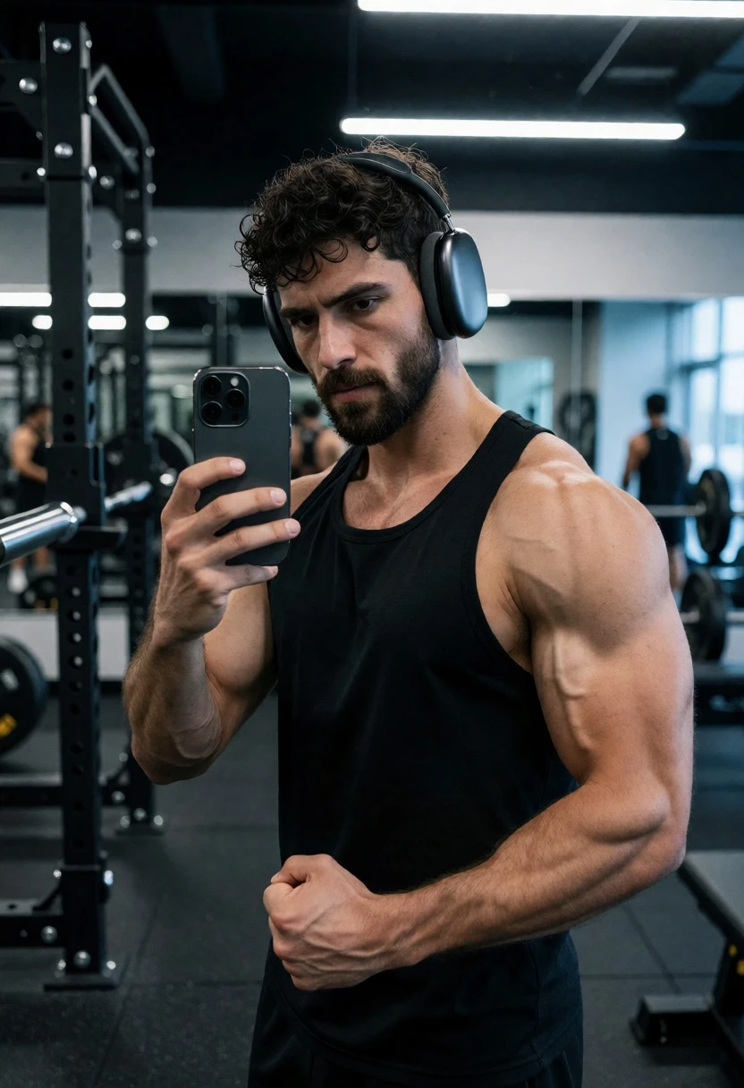 Muscular man taking mirror selfie in modern gym setting - AI generated image prompt sample