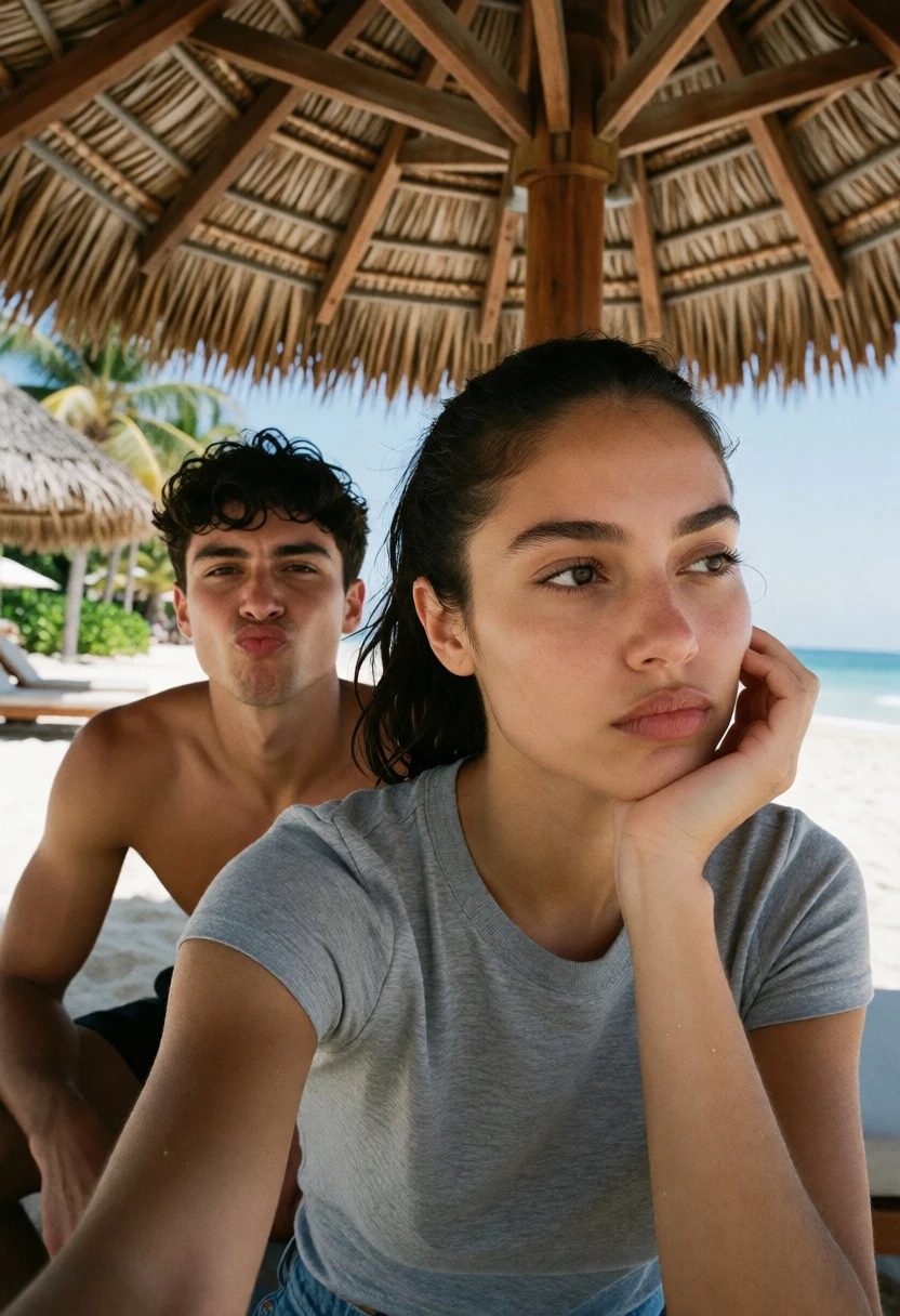Beach selfie of woman and man under thatched umbrella with ocean view - AI generated image prompt sample