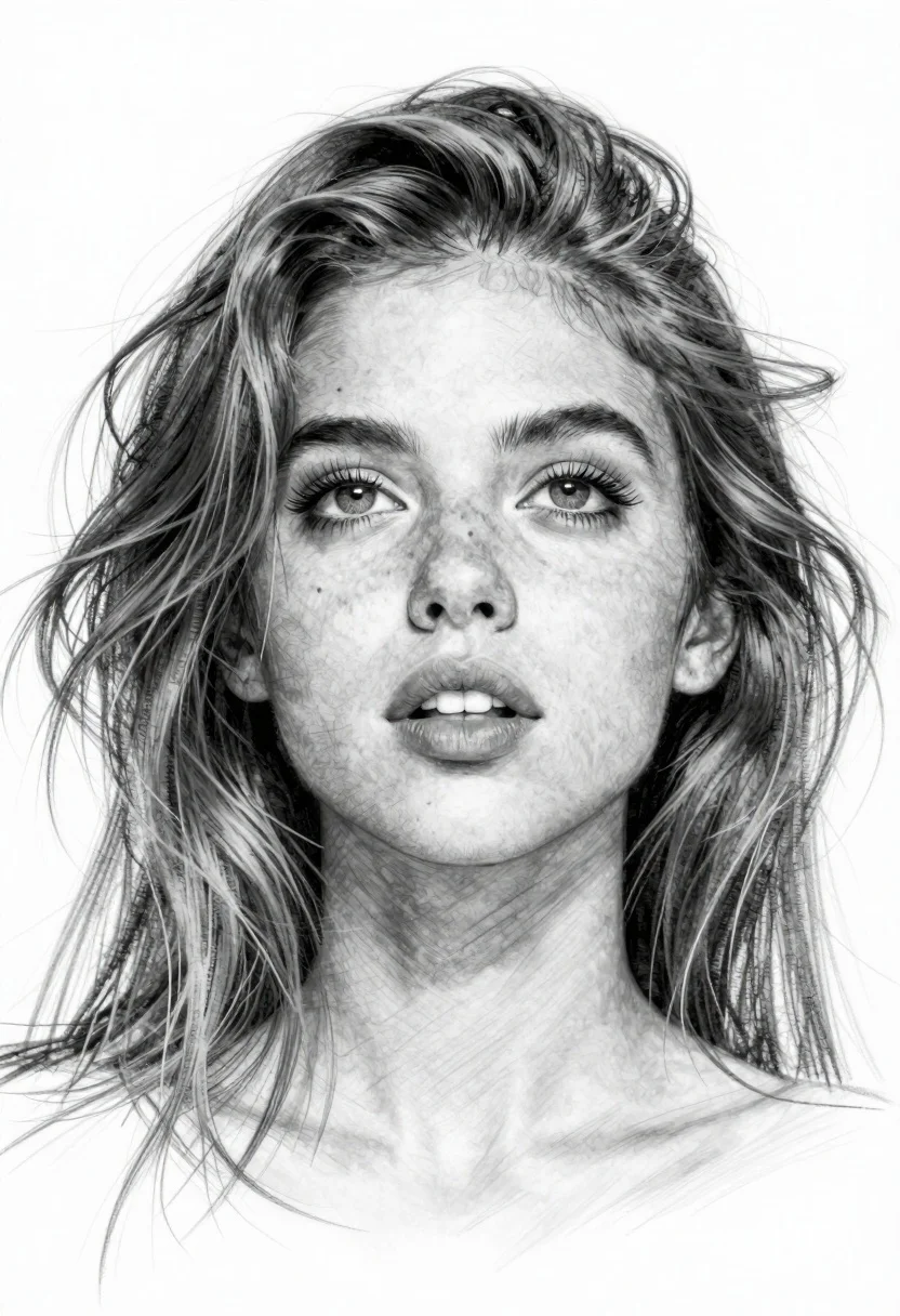 Pencil sketch portrait of young woman with wind swept hair - AI generated image prompt sample