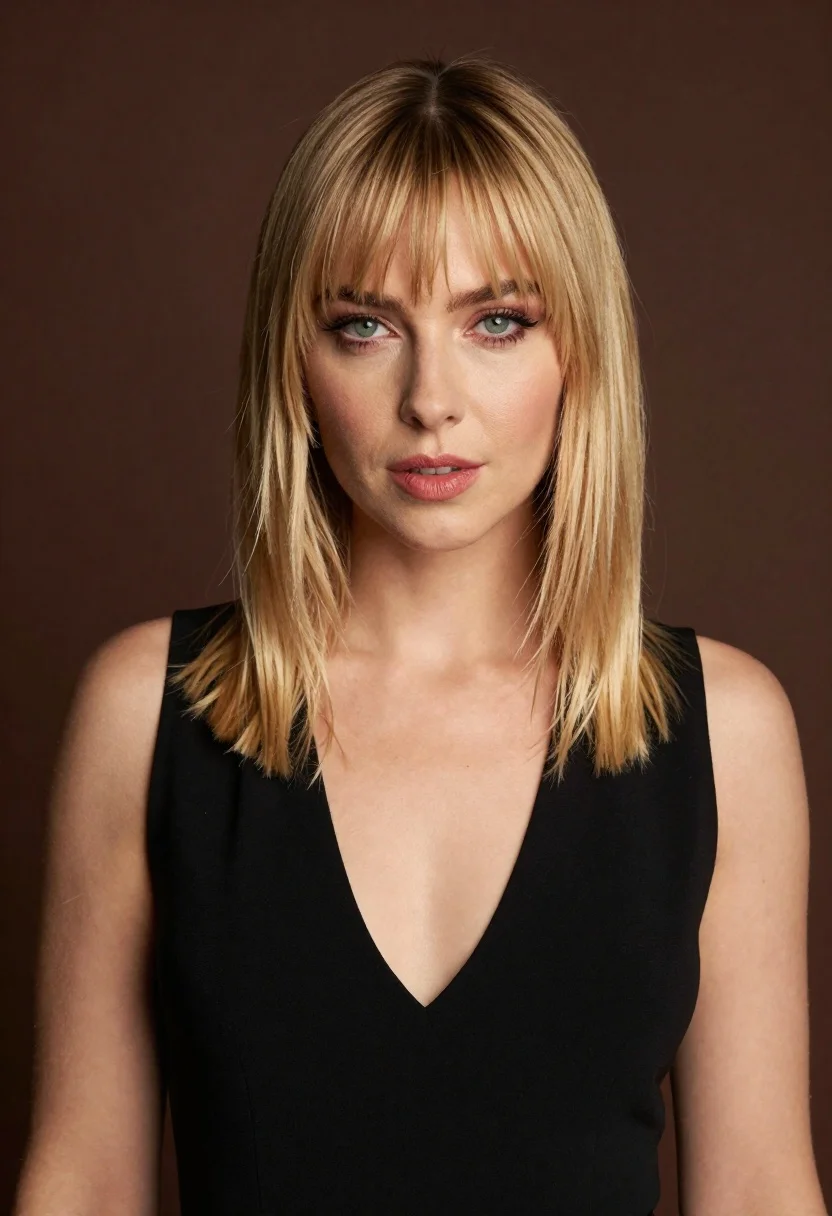 Portrait of blonde woman with green eyes in black top - AI generated image prompt sample
