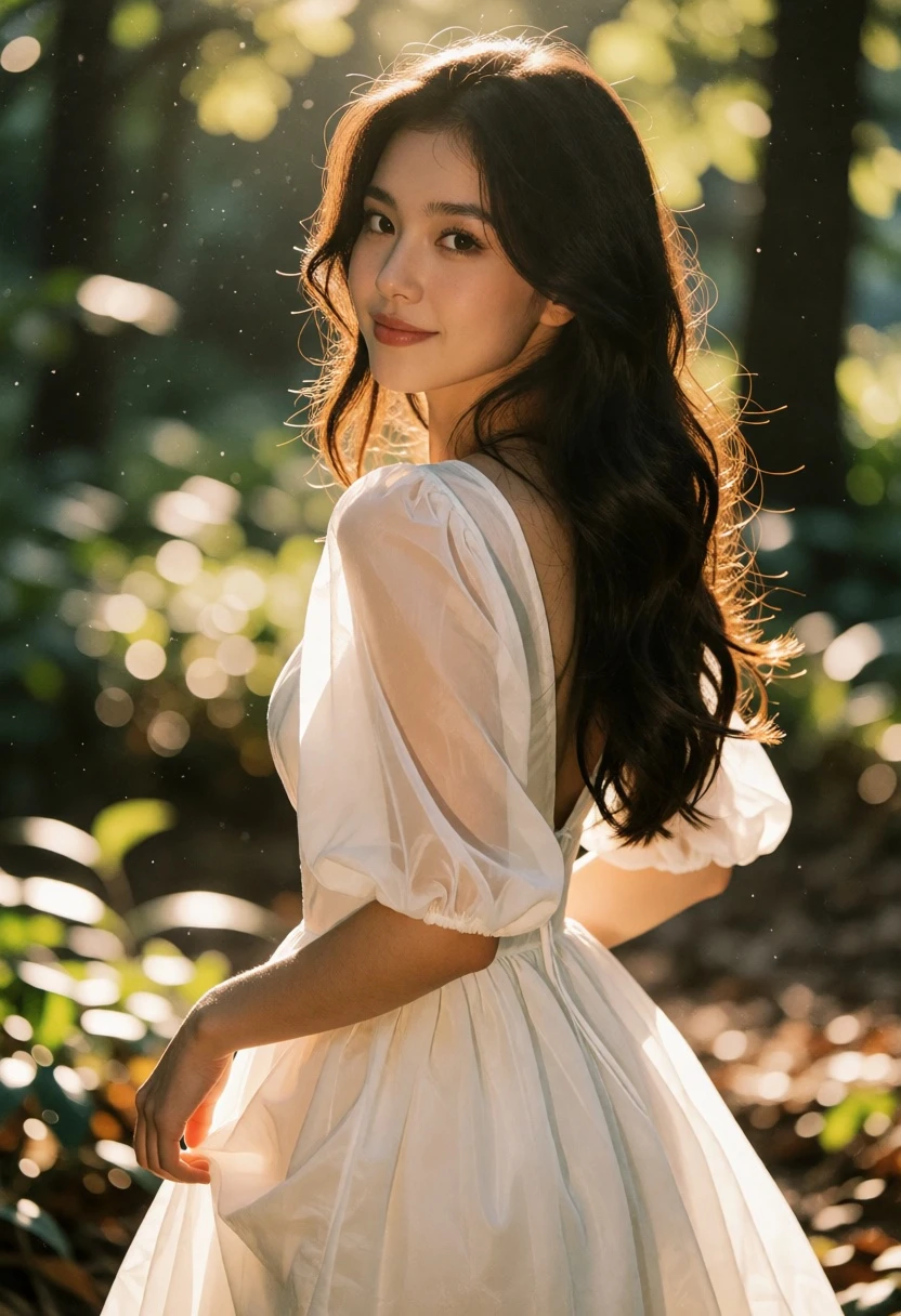 Young woman in white dress standing in sunlit forest looking back over - AI generated image prompt sample