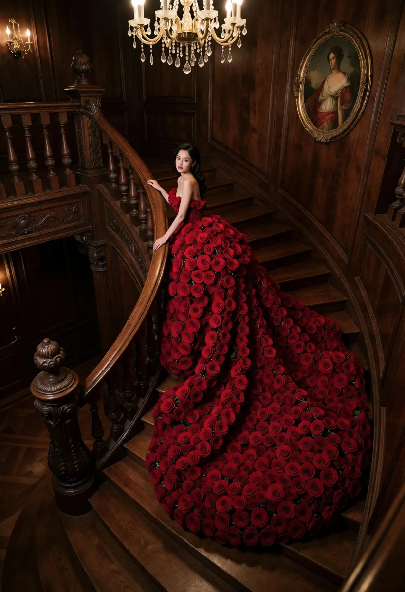 Woman in red rose gown on grand wooden staircase inside dark hall - AI generated image prompt sample