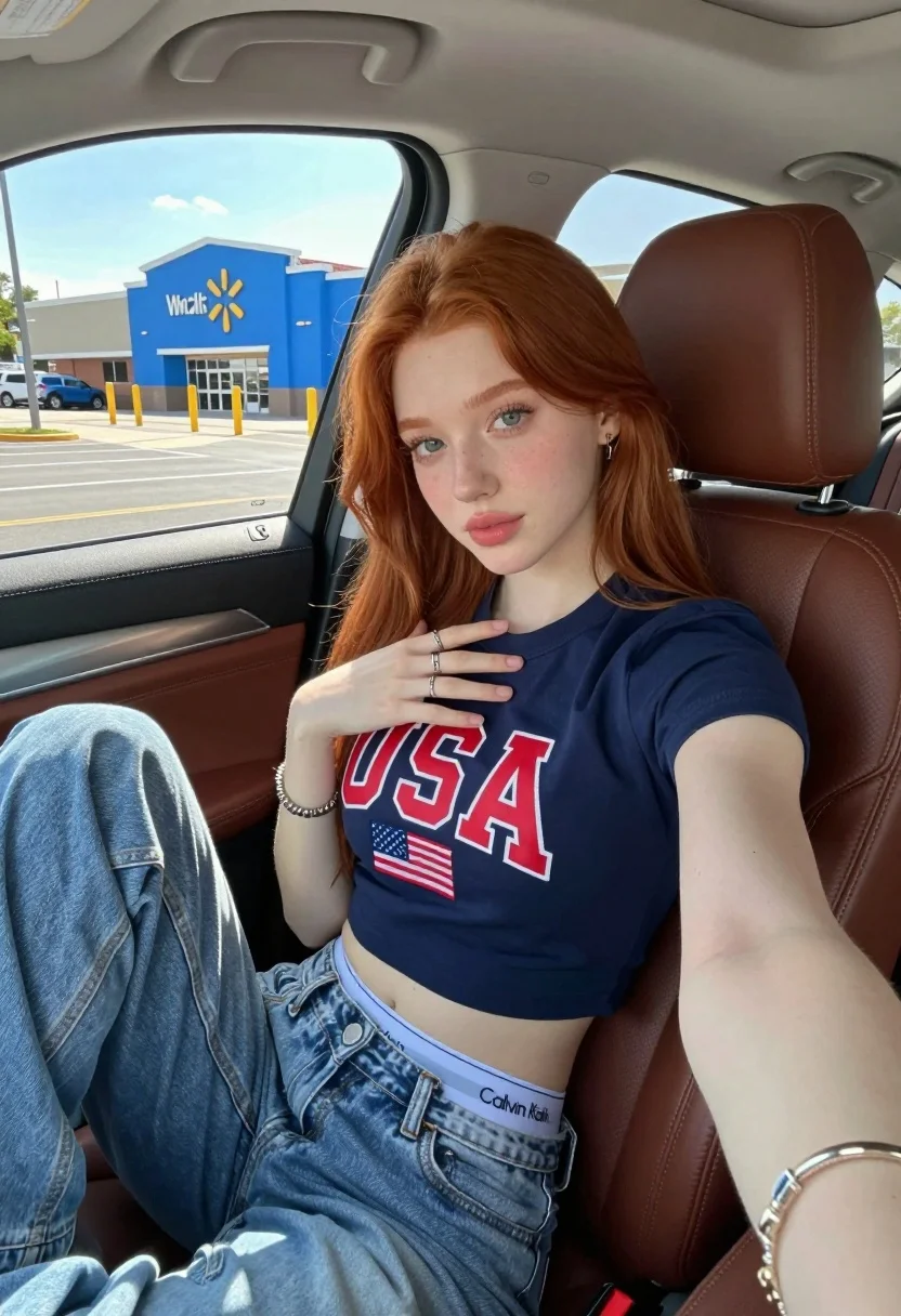 Young woman with red hair taking a selfie inside car parked near - AI generated image prompt sample